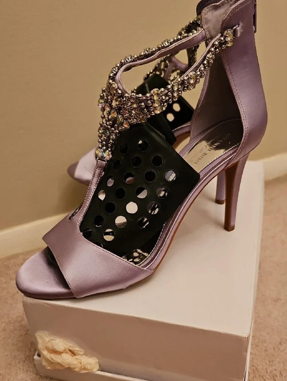Gianni Bini Lavender Satin Crystal T-Strap Heels - Picture 7 of 7
